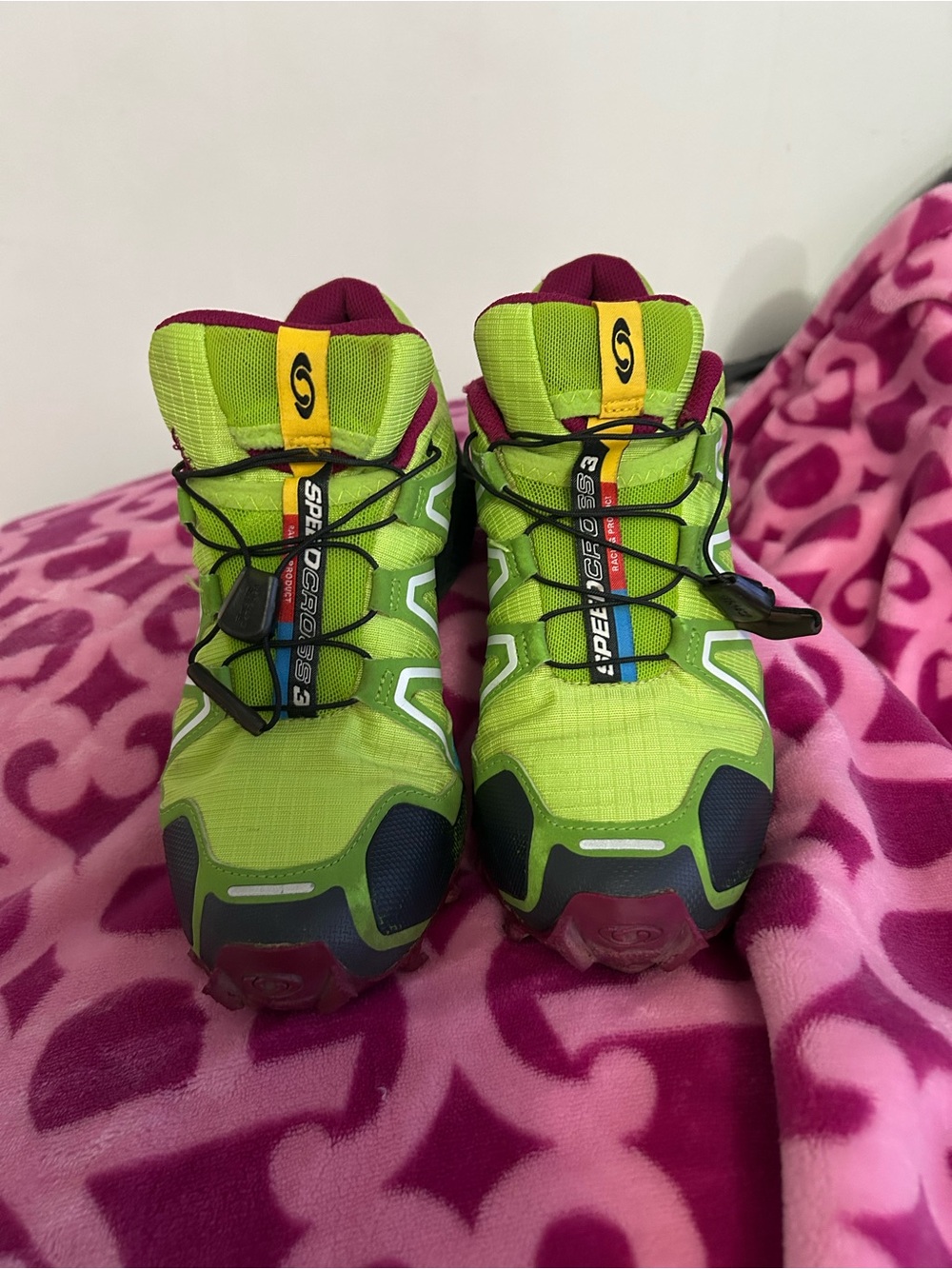Salomon Lime Green and Burgundy Quick-Lace Trail Shoes